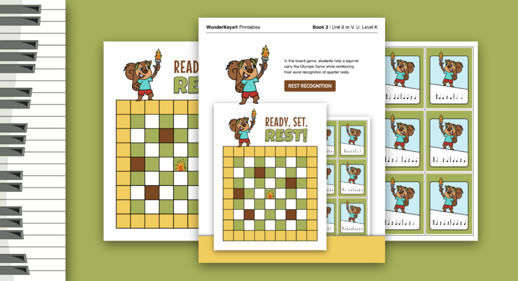 An Olympic-themed piano listening game that helps late primer students connect what they hear to quarter rests.