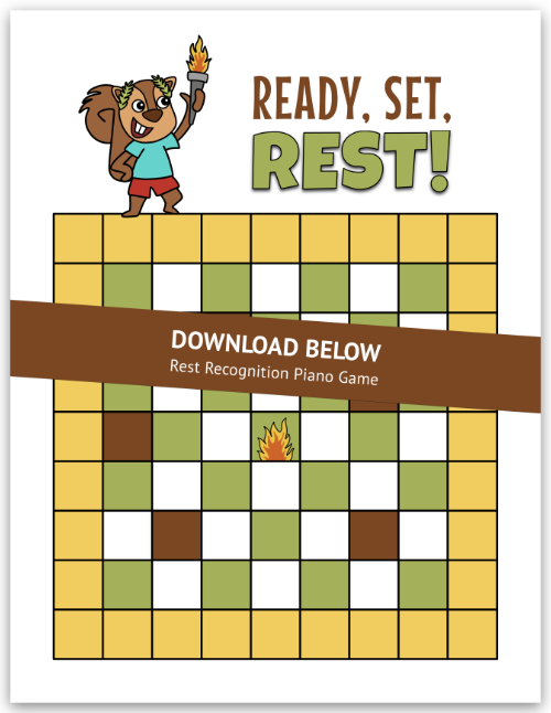 An Olympic-themed piano listening game that helps late primer students connect what they hear to quarter rests.